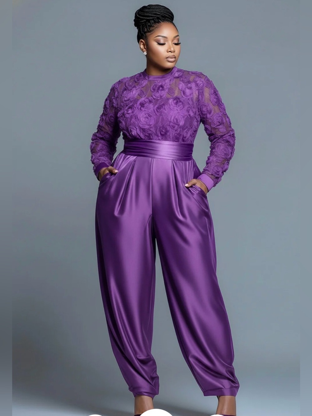 Purple Lace Satin Jumpsuit with Waistband